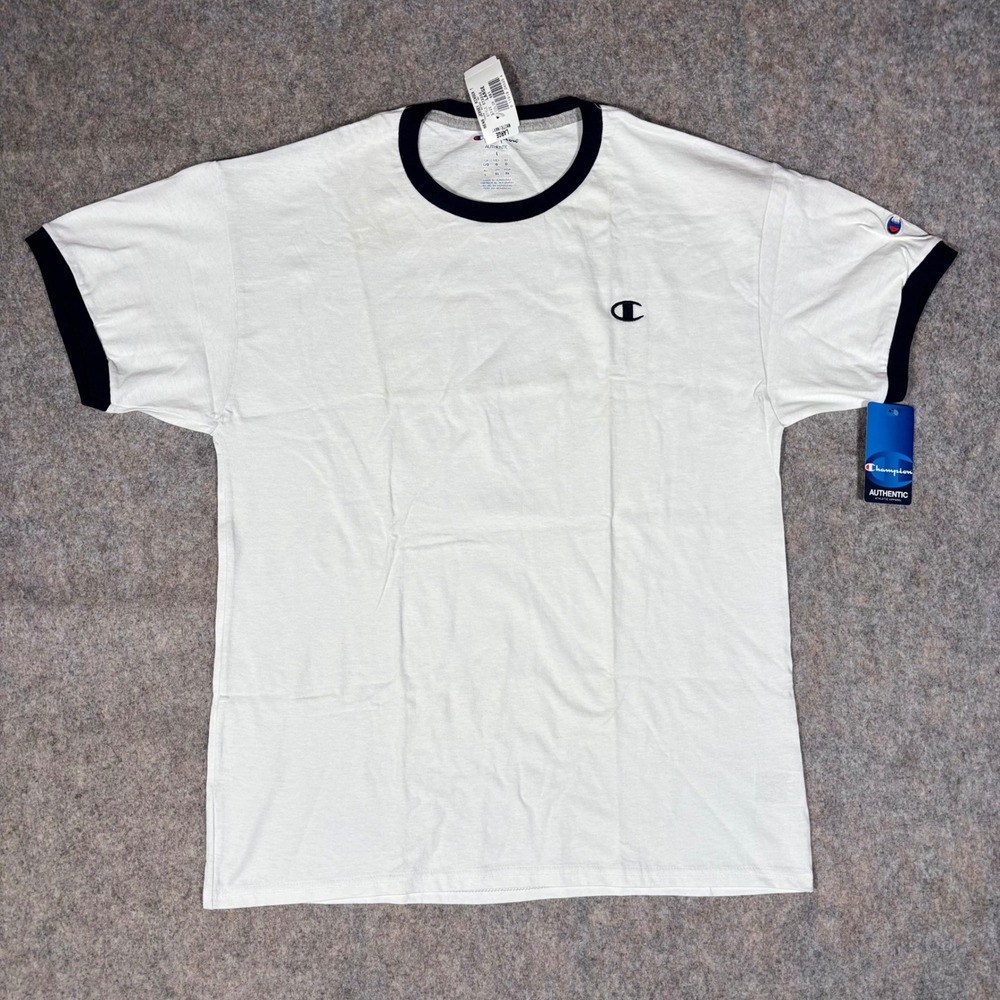 Champion Ringer T-Shirt Mens Large White Navy Blue CT2232 Jersey Cotton Tee
